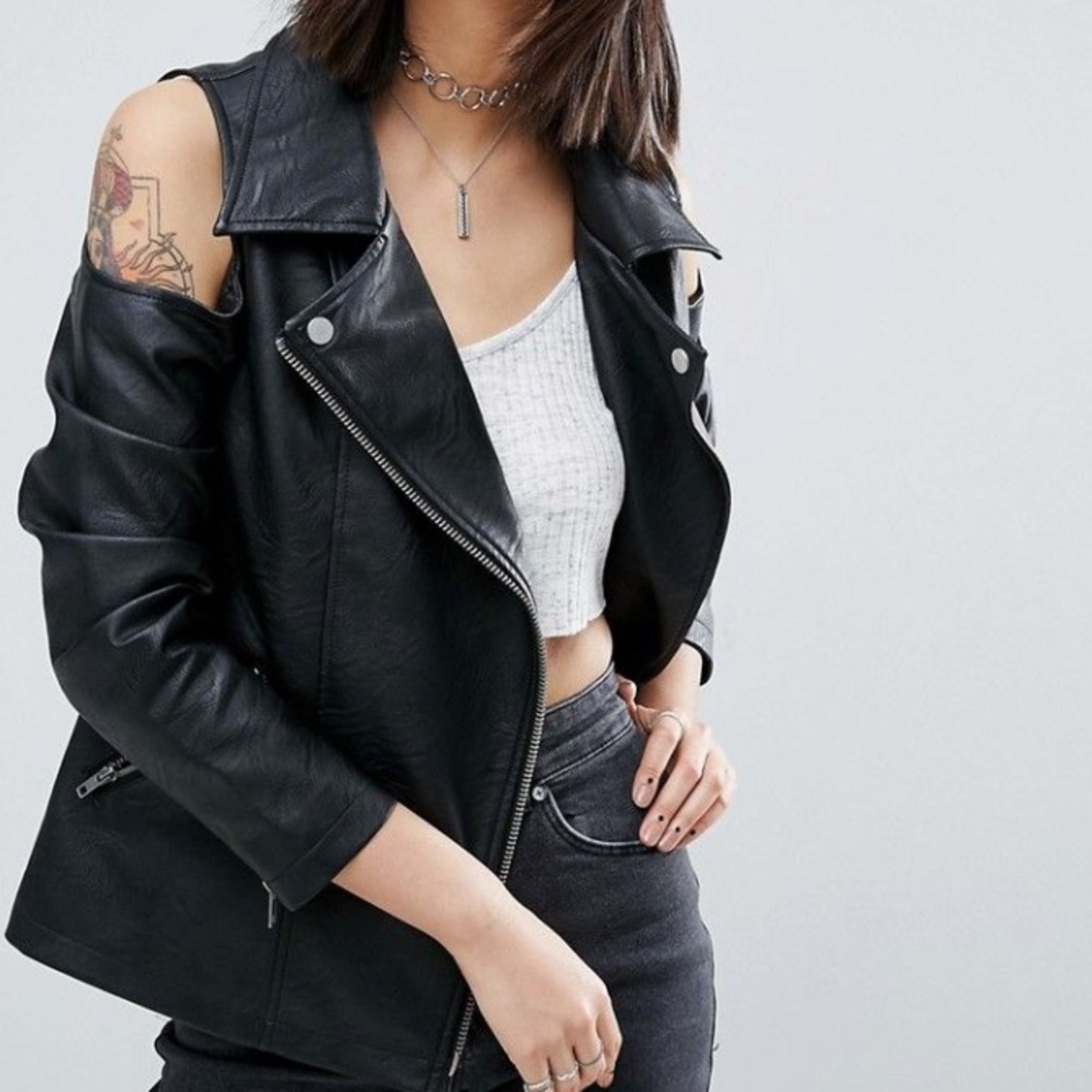 NWT ASOS Faux Leather Biker Jacket with Cold Shoulder in Black